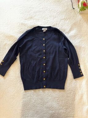 Carmen Marc Valvo Navy Cardigan with Gold Buttons